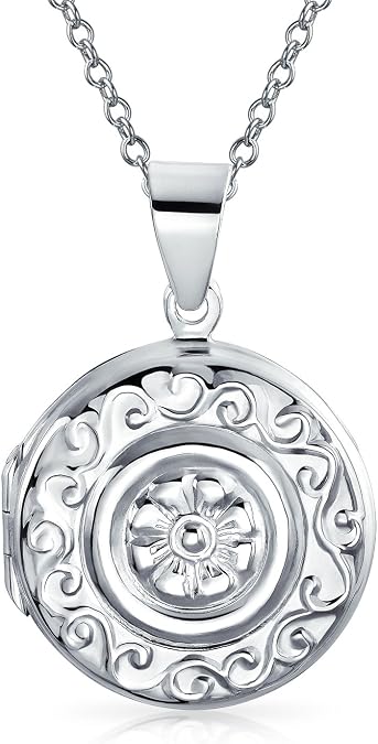 Embossed Boho Scroll Flower Locket Necklace .925 Sterling Silver