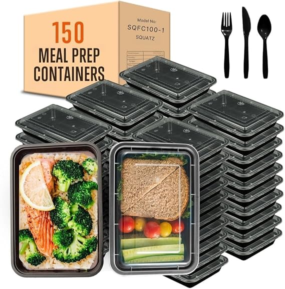SQUATZ 150 Meal Prep Containers with Lids - 33oz, Microwave Safe, Reusable Food Storage, Freezer Safe, Leak-Free, Stackable Lunch Container, BPA Free, Includes 150(Forks, Knives, Spoons EACH)