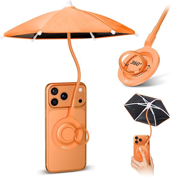 UPF 45+ Magnetic Phone Umbrella with Black Anti-UV Coating,Upgrade UV Cellphone Umbrella with Bendable & Phone Ring Design for iPhone 17 Pro max 16 15 Travel Beach Pool Summer Vacation Essentials