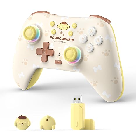 Kuitmor Pompompurin Dog Switch Pro Controller, Cute Hall Effect Wireless Gamepad No Drift for Switch 2/Switch/OLED/Lite, PC/Steam, Android, iOS, Bluetooth + Wired, Turbo, Back Buttons, 6-Aixs Gyro, Wake-up, RGB (Yellow, With Receiver)