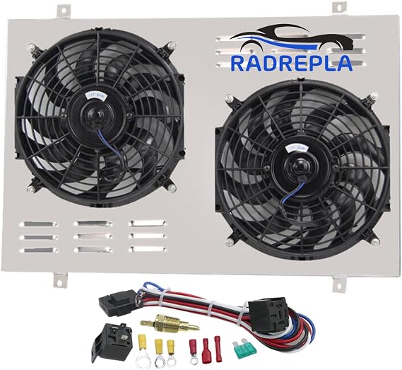 CC1451 Aluminum Crossflow Radiator Shroud with Electric Fan for 1985-1997 Ford F150 F250 F350 Bronco 5.0L/5.8L V8 1986 1987 1988 1989 1990 1992 1993 1994 1995 2x12" Fans Thermostat Relay Kit
