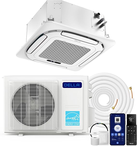 DELLA 23,000 BTU Ceiling Cassette Mini Split AC,22.5 SEER2,Ultra Heat -13F,Energy Star,8-way 360 Airflow,Work with Alexa,Inverter System Pre-Charged Heat Pump,208-230V,Covers 1500 Sq. Ft,16ft Kit