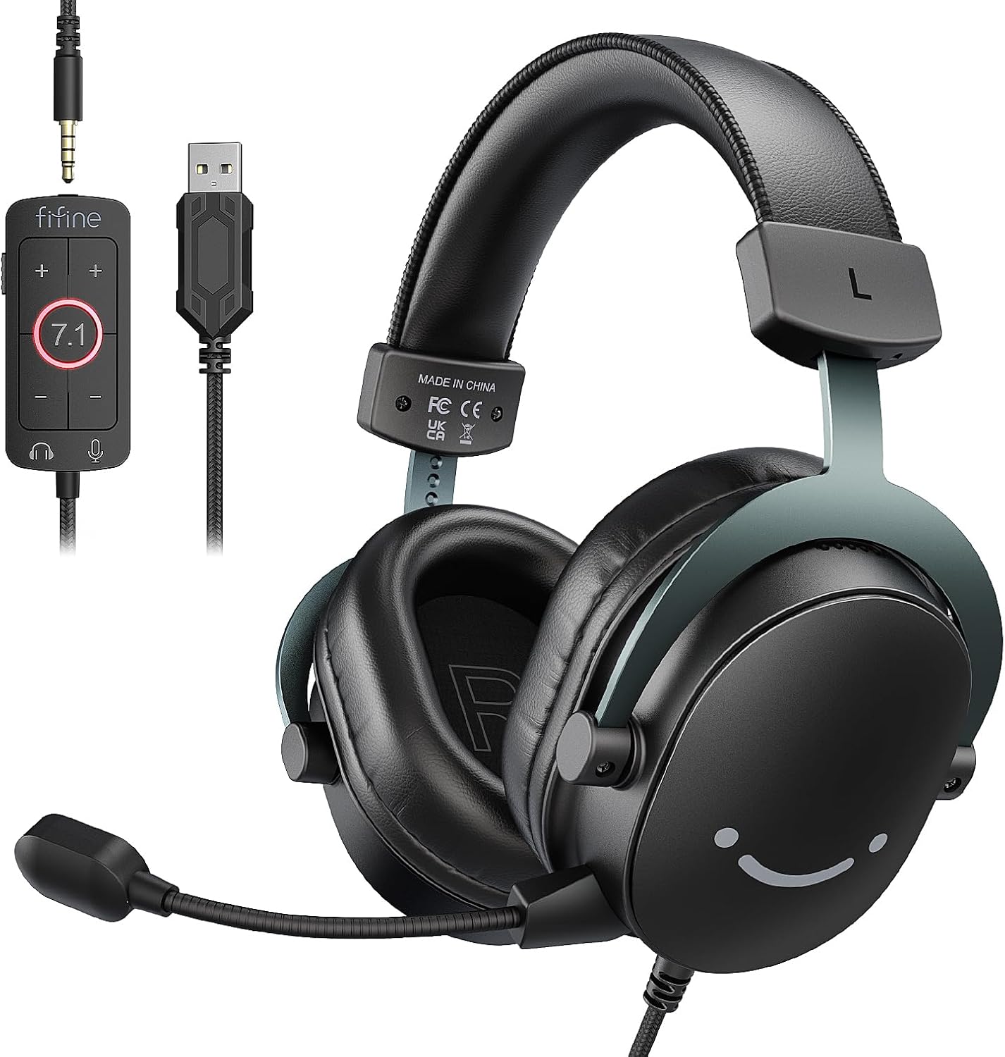 FIFINE Gaming USB Headset with 3.5mm Audio Jack, PC Over-Ear Headset with 7.1 Surround Sound, Detachable Microphone, Volume Control, Wired Headphones Black for PS5PS4SwitchXBOX controller H9