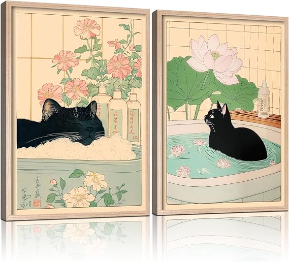 2Pcs Framed Japanese Style Black Cat Wall Art Bathroom Decor Painting Vintage Style Artwork HD Canvas Prints Living Room Wall Decor Modern Zen Poster Home Gallery Picture 12X16 Inch