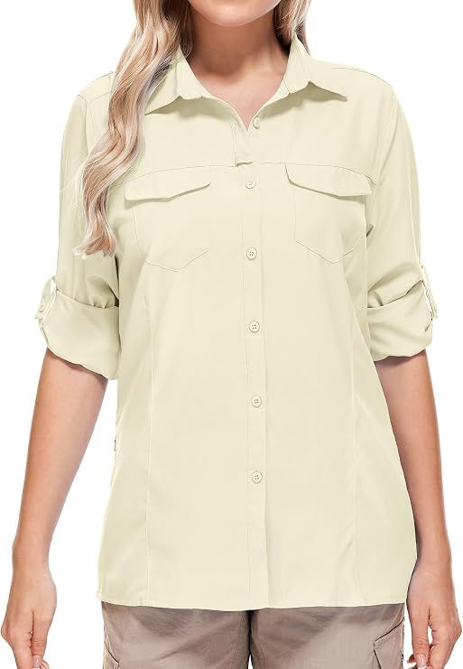 Women UPF 50+ Sun Protection Safari Shirts Quick Dry Lightweight Outdoor Fishing Hiking Travel Shirts with Zipper Pockets