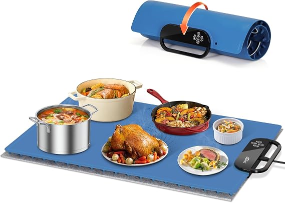 Food Warming Mat Fast Heating Electric Warming Tray with 7 Temp Settings, 11-Hour Timer & Auto Shut-Off, Foldable Silicone Mat with Child Lock, Portable Warming Pad for Buffets, Holidays Blue