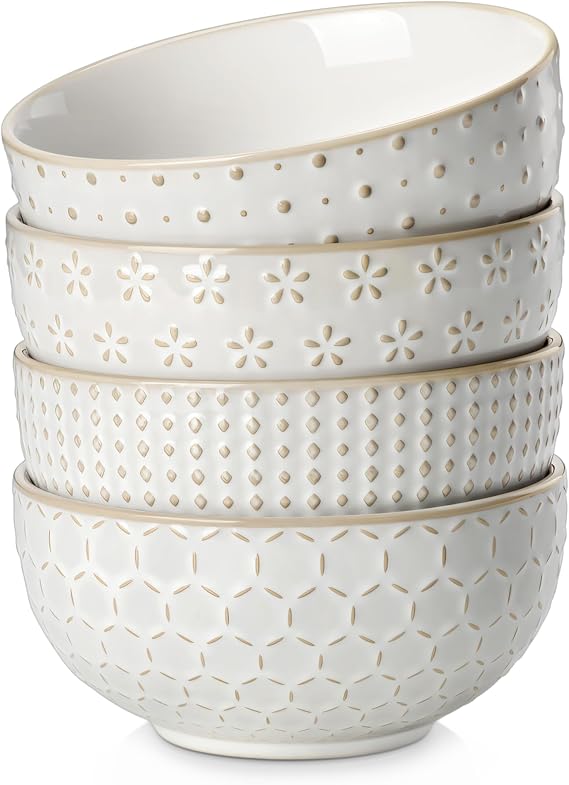 MALACASA Cereal Bowls, 30 Ounce Ceramic Soup Bowl for Kitchen, Stoneware Bowls Set of 4 with Embossment for Pho, Chip, Fruits, Salad, Noodle, Ramen - 6 Inch, Arctic White Series LYDIA