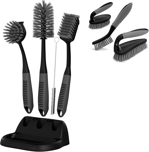 Dish Brush Set of 5 with Convenient Holder, Bottle Water Brush, Dish Scrub Brush, Scrubber Brush and Straw Brush+ Scrub Brush Set of 3pcs- Cleaning Shower Scrubber, Grout Cleaner Brush, Scrub Brushes