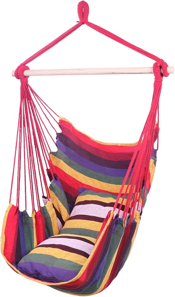 Pillow Tassel Hanging Chair with Cushions, Beige Hammock/Sky Swing Perfect for Indoor Outdoor Bedroom Garden Yard Patio Porch (Colorful)