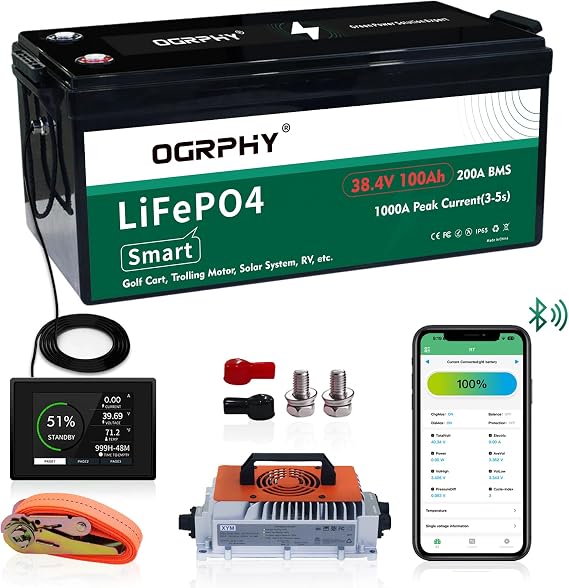 OGRPHY 36V Lithium Battery with Charger and LCD Monitor, 36V 100AH Lithium Golf Cart Battery with 200A BMS, 7.68kW Output, 1000A Peak Current for Golf Cart, Trolling Motor