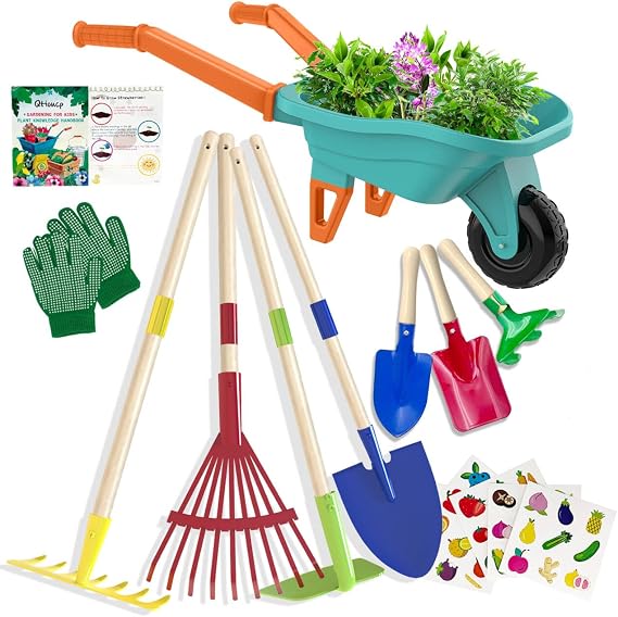 Qtioucp Kids Gardening Set with Wheelbarrow, Real Metal Garden Tools for Kids Ages 3-8, 4 Long Handle Tools, 3 Hand Tool, Gloves, 5 Stickers, Handbook, Outdoor Backyard Toys for Toddler Gift