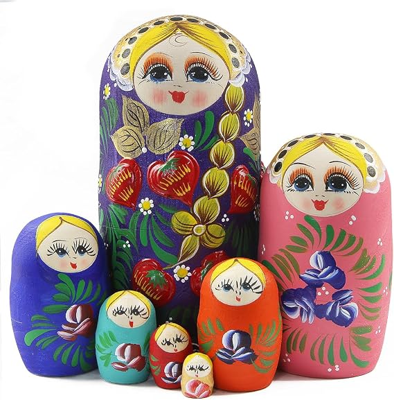 Set of 7 Pcs Traditional Russian Matryoshka Dolls Girl with Flower Nesting Dolls Long Pigtail Girl with Strawberry Handmade Wooden Dolls For Birthday Christmas Kid Stacking Toy Gift Home Decor