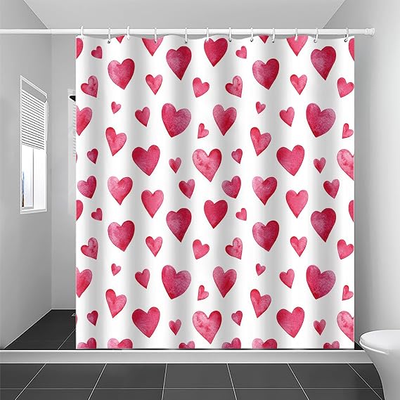 Valentines Day Heart Shower Curtains with 12 Hooks Bathroom Decor