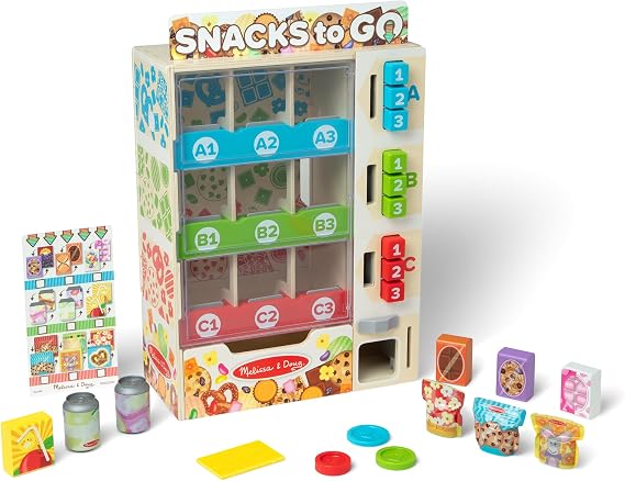 Melissa & Doug Wooden Vending Machine Play Set | 19 Pieces, Wooden Vending Machine, Double-Sided Pretend Play Food and Drinks, Coins, Menu, Preschool Toys for Kids, Ages 3+