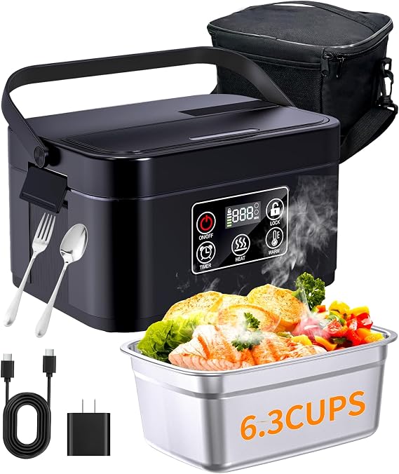 Cordless Electric Lunch Box, Heated Lunch Box Battery Powered Automatic Heating 1.5L Portable Lunchbox Food Warmer for Outdoor, Car, Truck, Work, Travel