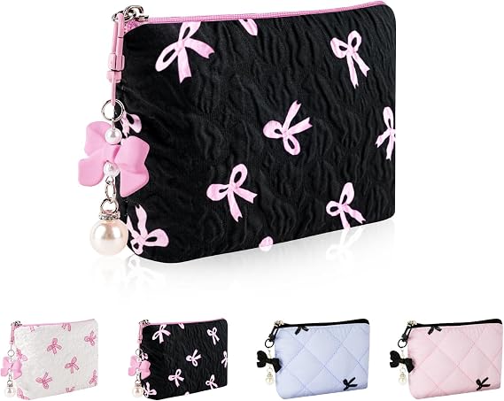 Quilted Mini Makeup Bag for Purse, Cute Bow Coin Purse, XS-Black | Small Travel Cosmetic Pouch with Keychain, Tiny Organizer Zipper Pouch for Daily Use/Gym/Travel, Cute Gifts for Women Girls