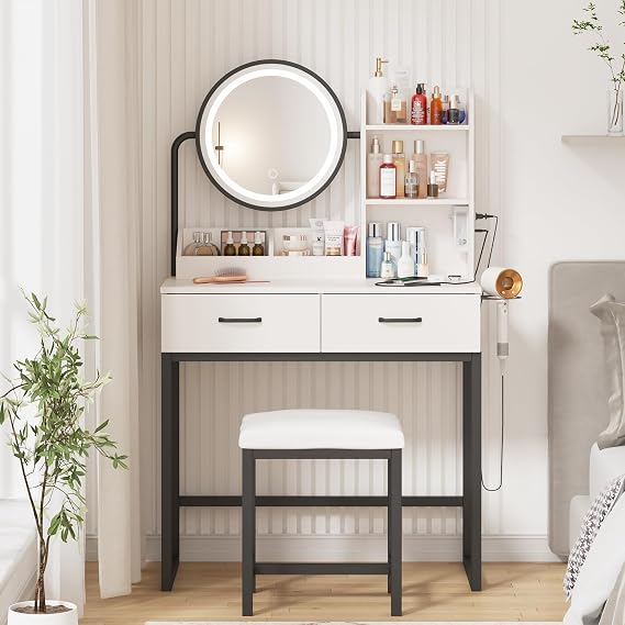 Vabches Makeup Vanity with Round Mirror and Lights, White Vanity Makeup Table with Charging Station, Small Vanity Table for Bedroom, 3 Lighting Modes, 31.5in(L)