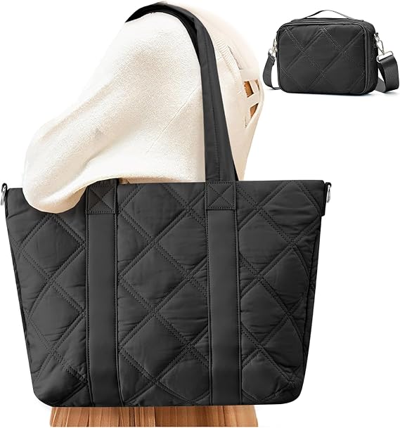 SYCNB Laptop Tote for Women, Travel Shoulder Bag with Laptop Compartment, Quilted Purse with Toiletry Bag
