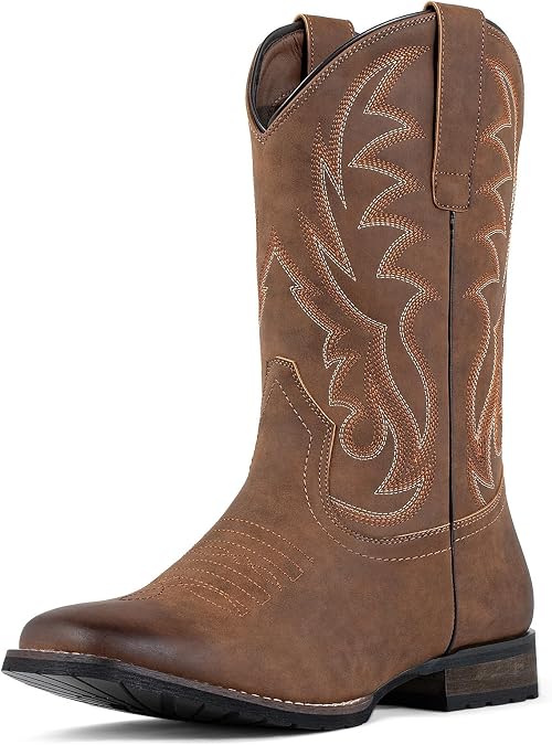 J's.o.l.e Cowboy Boots for Men Western Boots Wide Square Toe Men's Work Boots Classic Embroidered with Pull On Slip Resistant Boots Brown