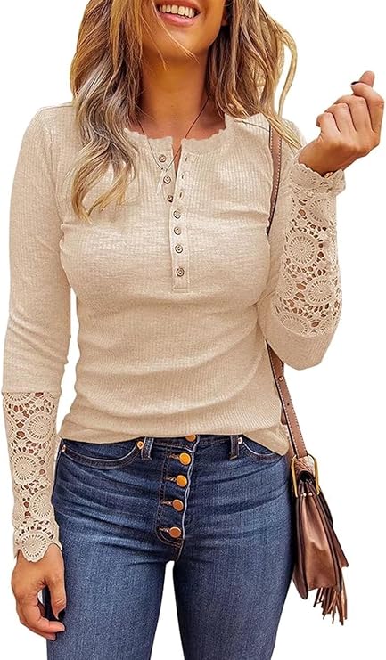 Womens Long Sleeve Lace Trim Tunic Tops Casual Button Down Henley Shirt Crew Neck Ribbed Knit Tunic Tops Blouse