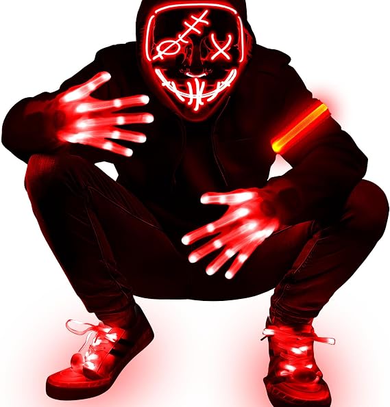4 Set LED Mask Gloves Shoelace Set, Halloween Costume Rave Cosplay Kit