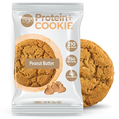 321glo Protein Cookies | High Protein, Soft Baked Cookie with Collagen | 15g Protein | On the Go Snack for Men, Women, Kids | 12 Pack Peanut Butter