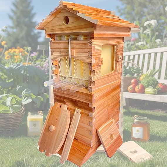 Bee Hive Starter Kit, Self-Flowing Honey Beehive Wooden Box, Auto Bee Hives Boxes with 10 Frames,Beehives and Supplies Starter Kit for Beekeepers