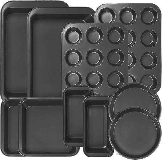 KOOMADE 10PCS Nonstick Baking Pans Set - Bakeware Sets for Cooking, Oven and Dishwasher Safe, Non Toxic, Includes Cookie Sheets for Baking, Muffin Pan, Bread Pan, Cake pan, Loaf Pan Roasting Pan Black
