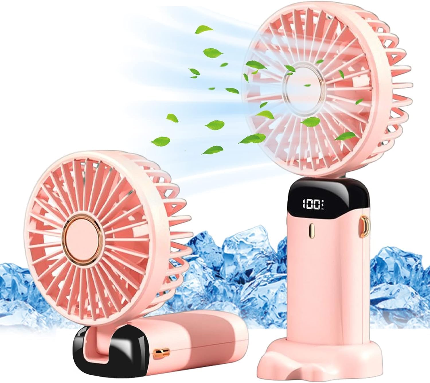Jsdoin Hand Held Fan,Portable Handheld USB Rechargeable Fans with 5 Speeds,Battery Operated Mini Fan Foldable Desk Desktop Fans with LED Display for Home Office Bedroom Outdoor Travel Pink