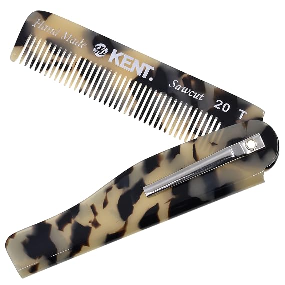 Kent 20T TW Handmade Folding Pocket Comb for Men, Fine Tooth Hair Comb Straightener for Everyday Grooming Styling Hair, Beard or Mustache, Use Dry or with Balms, Saw Cut Hand Polished, Made in England