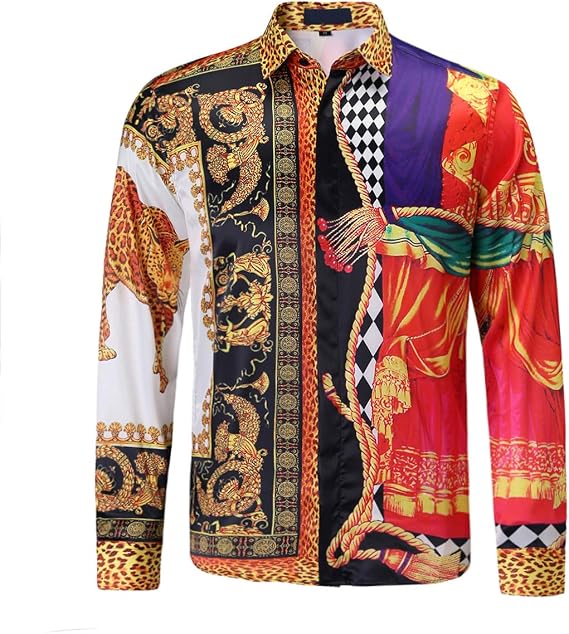 Mens Luxury Print Dress Shirt Long Sleeve Button-Down Shirt