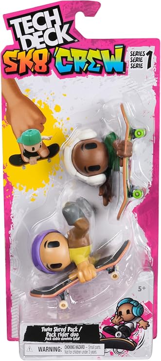 Tech Deck Sk8 Crew, 2-Pack Exclusive Fingerboards with Assistive Figures, Collectible and Customisable Mini Skateboards, Kids Toys for Ages 5 and up (Styles May Vary)