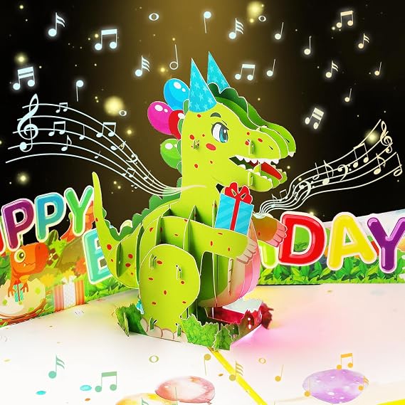 Musical Dinosaur Birthday Card, Dinosaur Pop Up Birthday Cards with Envelope, 3D Happy Birthday Greeting Cards for Your Son Daughter Nephew Niece.