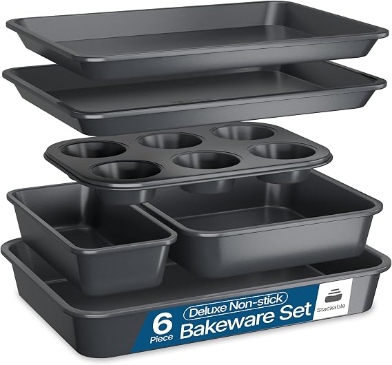 BAKKEN Nonstick Carbon Steel Bakeware Set - 6 Piece Kitchen Baking Trays, Non Toxic Stackable Oven Pans Bundle with Cookie Sheets, 6 Cup Muffin, Roaster, Square Cake, and Loaf Pan for Bread