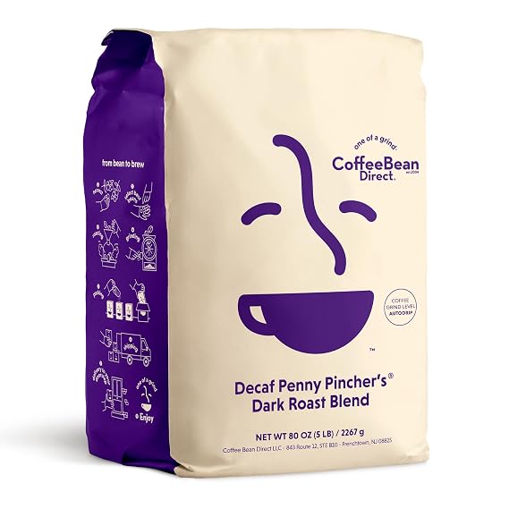 Coffee Bean Direct Decaf Penny Pincher's Dark Roast, Ground, 5lb Bag | Everyday Value, Ground for Drip or Pour Over, Decaffeinated