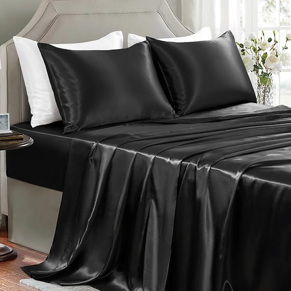 Black Satin Sheets Queen Size - 4 Pieces Luxury Silky Soft Bed Sheets | OEKO-TEX Certified Wrinkle-Free Silky Soft Sheets Friendly for Hair and Skin,Designed for Elegant Bedroom Decor