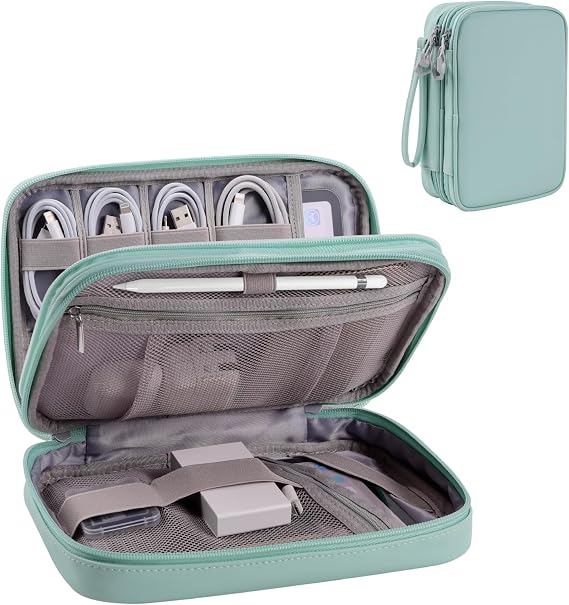 Bevegekos Tablet Accessories Case Bag, Travel Large Electronics Organizer for Chargers & Cords, Cables, 7.9 Inch Tablet, Airplane Essentials, 2 Layers (Mint Green)
