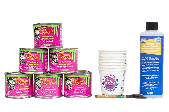 Lil' Daddy Roth Beginner Pinstriping Kit - 6 Colors - Brush, Mixing Cups & Mineral Spirits - Roth Pinstriping Kit