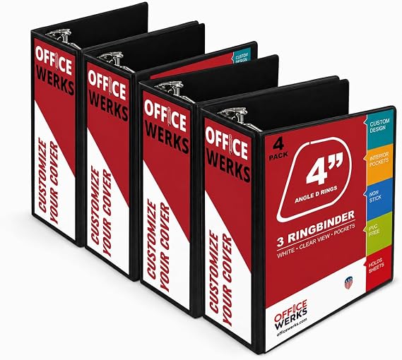 4 Inch Locking D-Ring Binder, 3 Ring Heavy Duty (4 Pack) - Black | Holds 800 Sheets, Crystal Clear View Presentation Binder, PVC-Free, 2 Pockets for 8.5x11 Paper, Assembled in USA - Performore