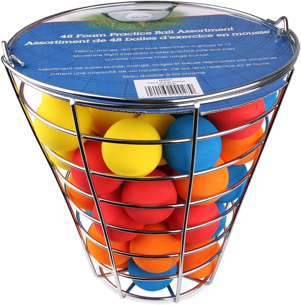 Intech 48 Multi-Color Foam Golf Balls with Metal Range Basket, Soft Limited Flight Practice Golf Balls for Backyard or Indoor Use