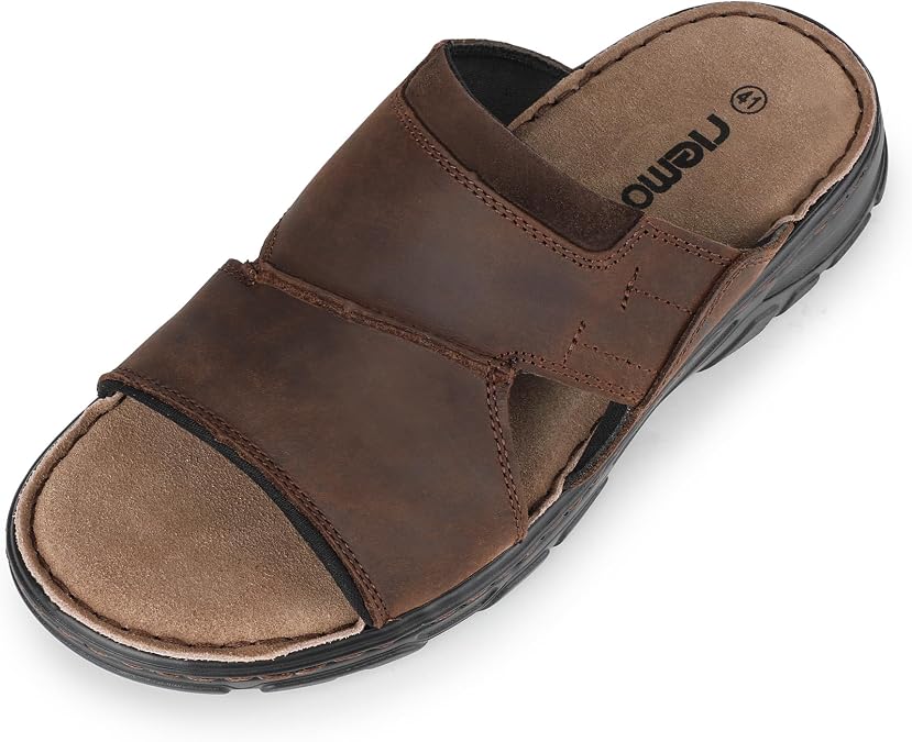 riemot Men's Leather Slide Sandals Open Toe Slip On Sandals for Men Brown Casual Summer Sandal Cushioned Comfortable Padded Strap Indoor Outdoor Garden Holiday Shoes