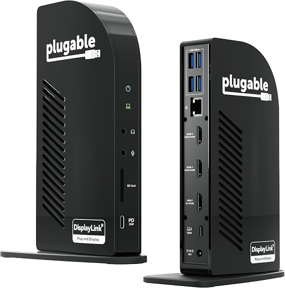 Plugable USB-C Triple Monitor Docking Station: 13-in-1 Laptop Dock with 100W Charging for Mac (DisplayLink Driver Required), Windows, Chrome, 3 HDMI, Gigabit Ethernet, SD, USB-C 20W, 4 USB - UD-ULTCDL