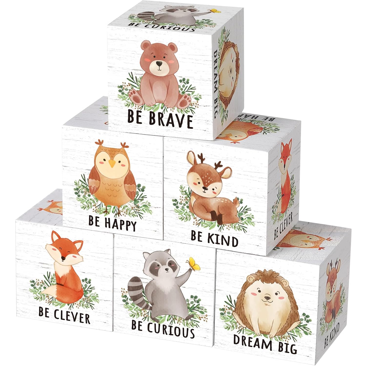 6 Pcs 1.6 Inch Inspirational Woodland Nursery Decor Animals Wall Decor Stuff Wooden Forest Animals Bear Raccoon Lion Fox Block Safari Creature Table DecorationWhite