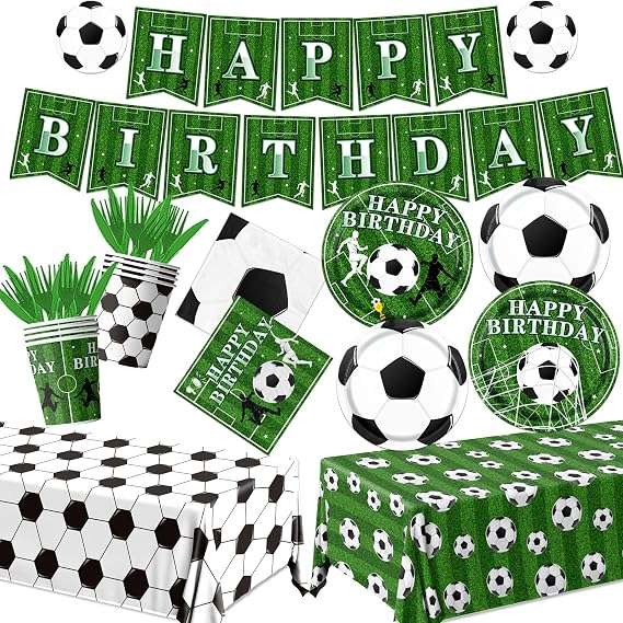 171Pcs Soccer Birthday Party Decorations,Soccer Party Tableware Set Serves 24,Includes Plates,Tablecloth,Napkins,Cups,Banner for Soccer Sports Birthday Theme Party Supplies