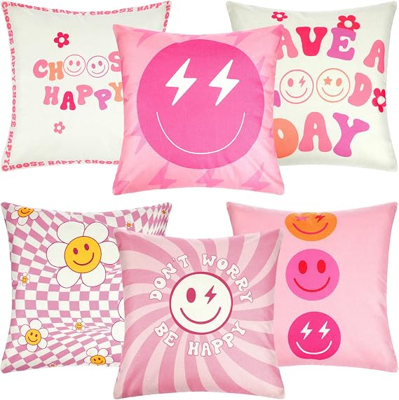 Peryiter 6 Pcs Preppy Throw Pillow Covers Decorative Covers, Smile Face