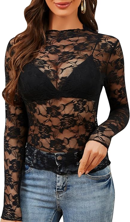 Donnalla Women Mesh Floral Lace Long Sleeve Tops Sexy See Through Layering Undershirt Blouse Crew Neck Sheer Casual Shirts