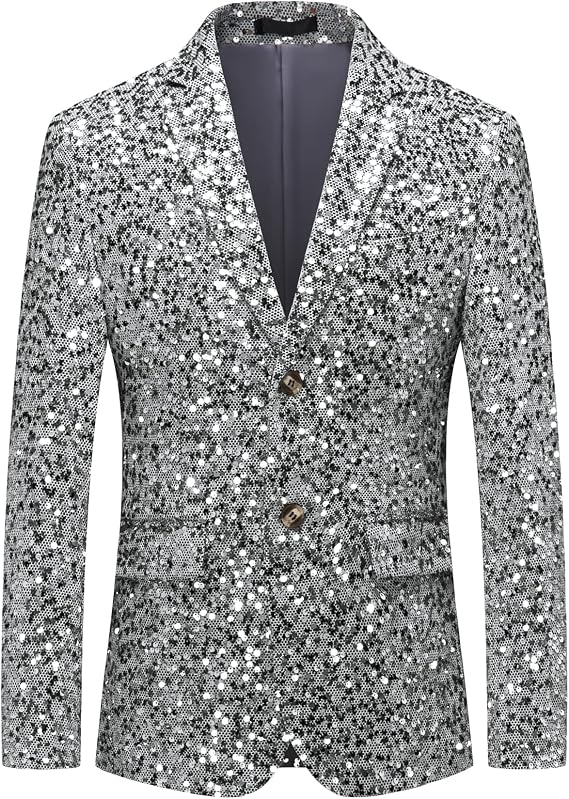MOGU Mens Sequin Blazer Slim Fit Shiny Gold Silver Dress Suit Jacket Tuxedo Sport Coats for Prom Party Dinner