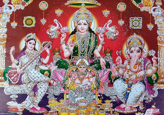 Crafts of India Lakshmi, Ganesha, Saraswati Poster/Reprint Diwali Pujan Hindu Goddess Picture with Glitter (Unframed : Size 5"X7" inches)