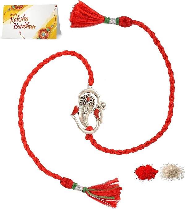 Meenakari Men's Cotton 92.5 Sterling Silver Om Ganesha Rakhi Bracelet for Brother (Red)