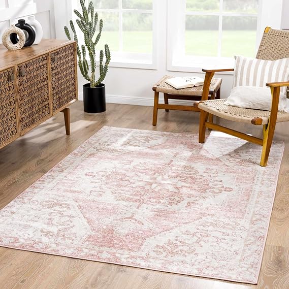 Hauteloom Blush & Light Pink Collection Caspian Bohemian Oriental Medallion Large Area Rug - Traditional Floral Carpet for Living Room - Blush, Pale Pink, Cream - 7'10" x 9'6" (8x10 Area Rug)